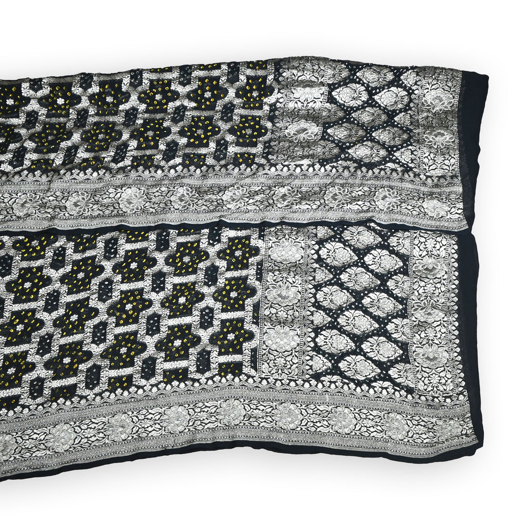 Black Gharchola Bandhani Dupatta in Pure Georgette – Traditional Zari Woven Festive Dupatta
