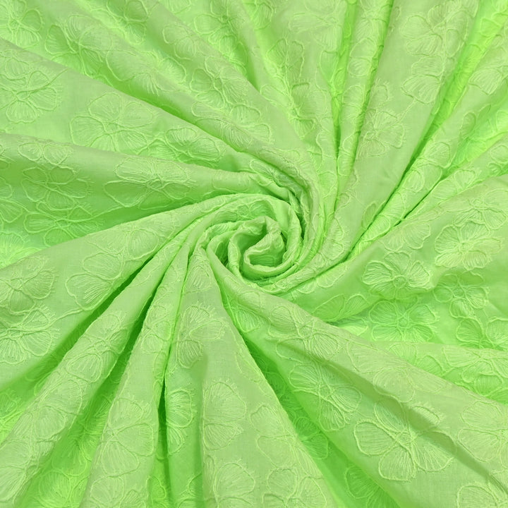 Pistachio Green Color Cotton Floral Thread Embroidery Fabric – Soft Designer Embroidered Cotton Fabric 0AT112-7