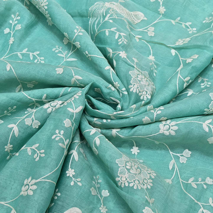 AQUA SAGE BLUE COLOR MUL CHANDERI THREAD EMBROIDERY FABRIC GP4120-4