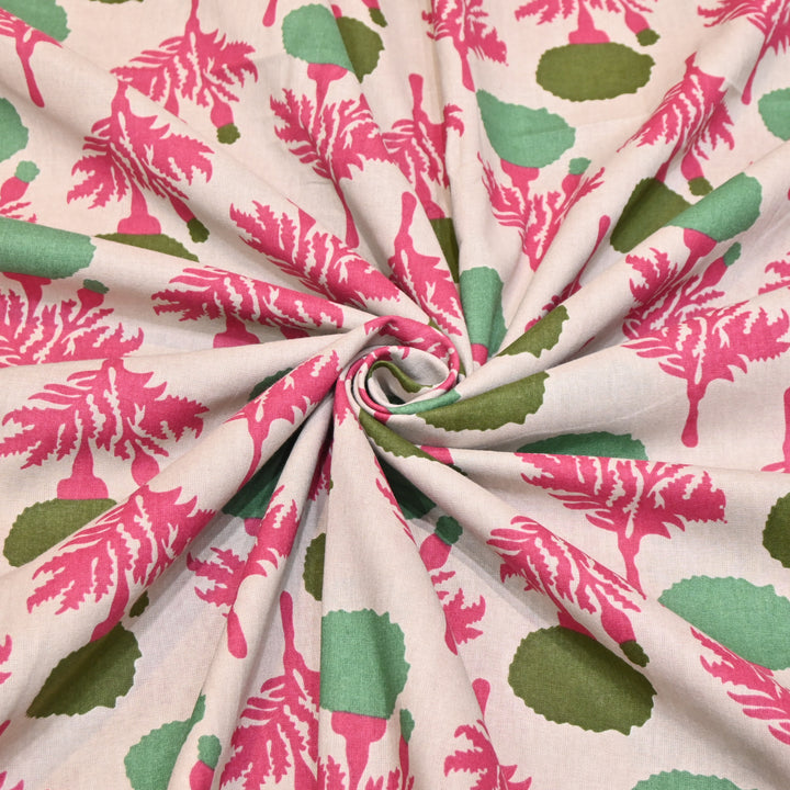 White Cotton Linen In Pink Floral Print