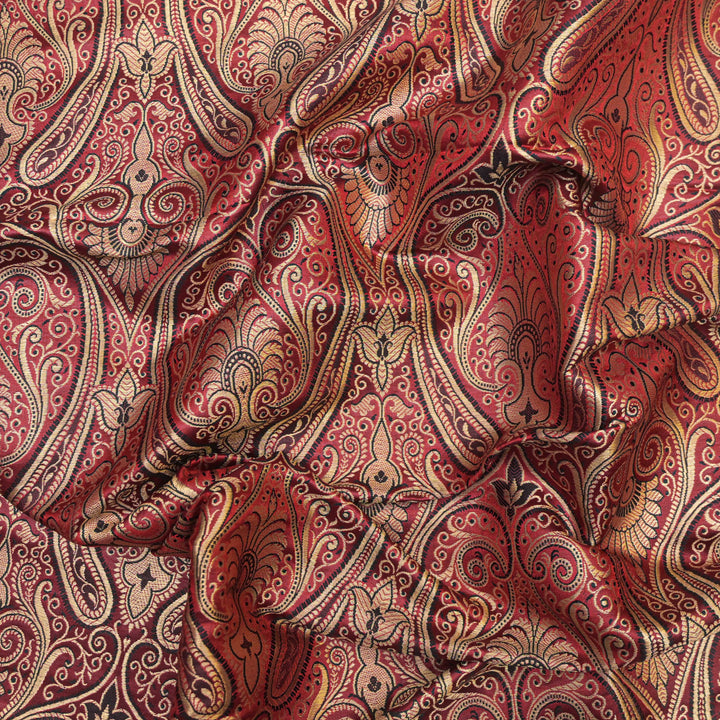 Maroon Gold & Black Paisley Brocade Fabric | 100-23-122