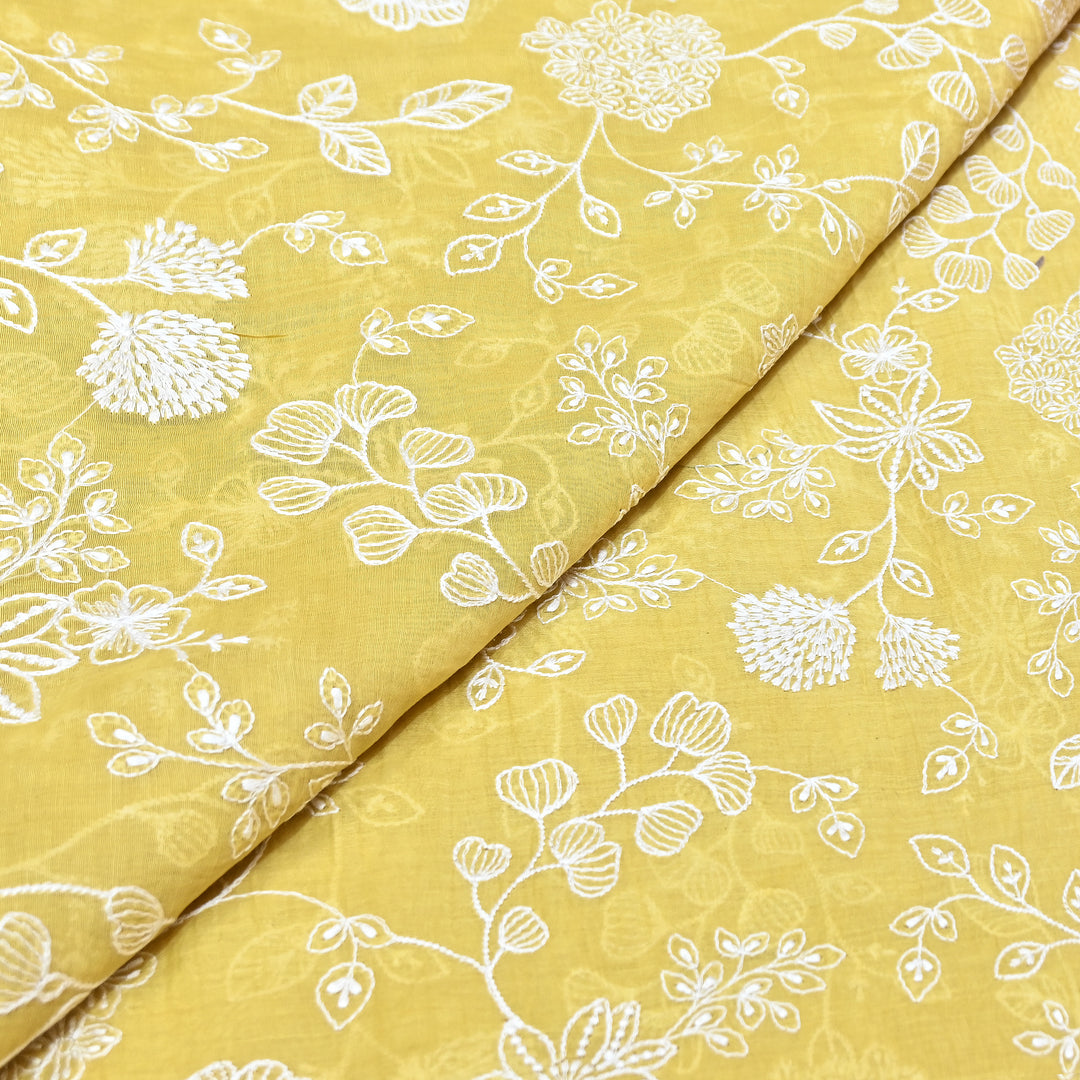 Mustard Yellow Color Mul Chanderi Thread Embroidery Fabric – Soft Lightweight Designer Fabric- F73560-2
