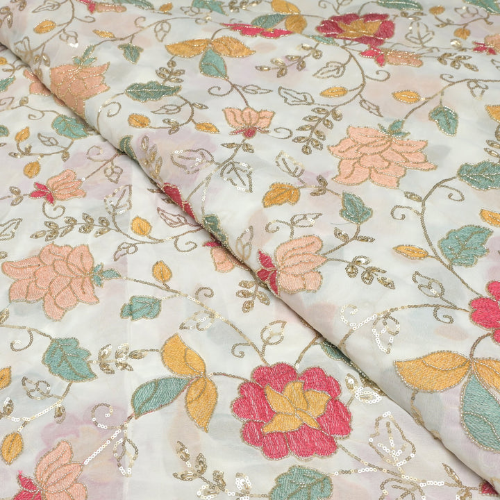 Multi thread and pearl sequin embroidery fabric on viscose organza