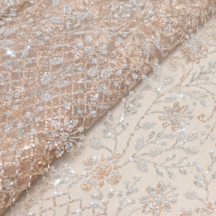 Premium Imported Heavy Beaded Floral Embroidery Net Fabric- 8827635-02