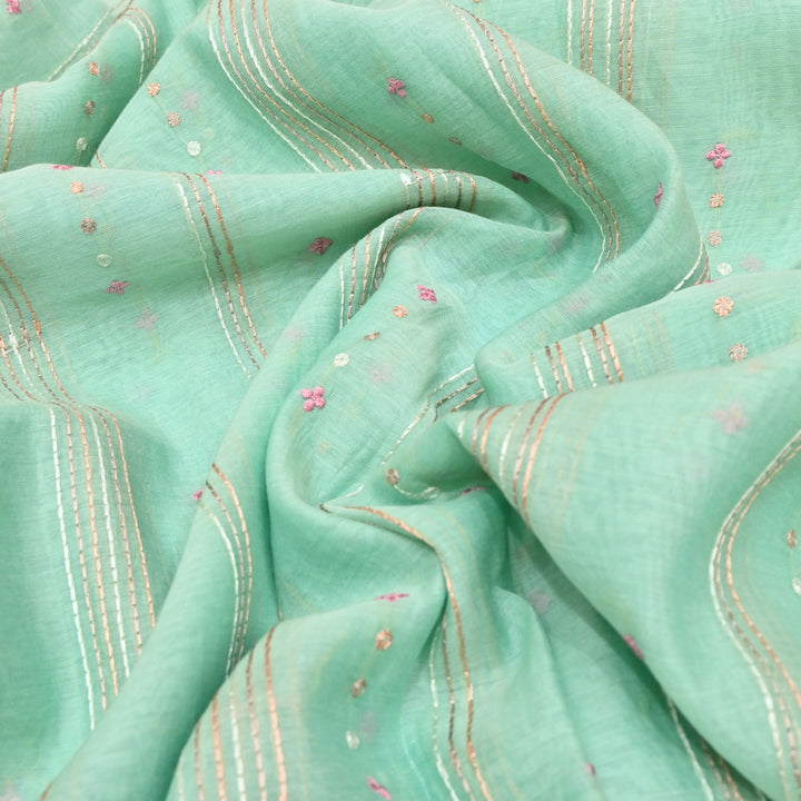 Magic Mint Green Color Mul Chanderi Thread Embroidery Fabric