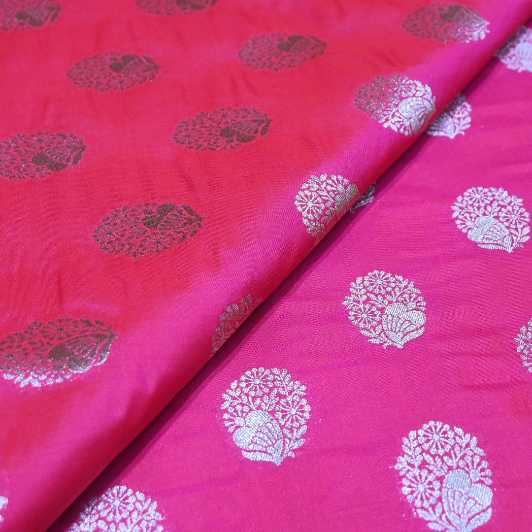 Neon Fuchsia Color Katan Silk Zari Buti Brocade Fabric