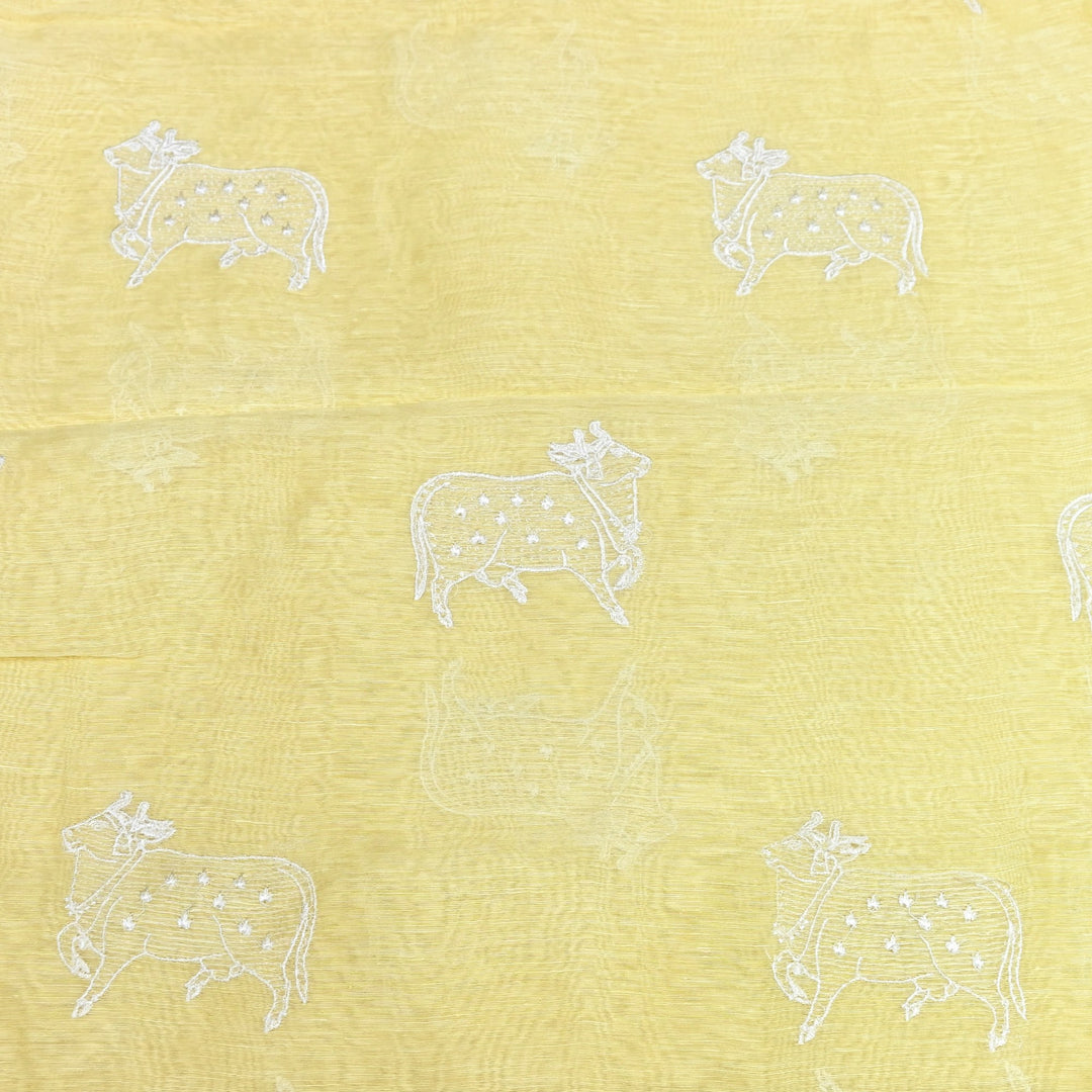 Lemon Yellow Color Linen Thread Embroidery Fabrics – Soft Designer Linen Embroidered Fabric-031168-3
