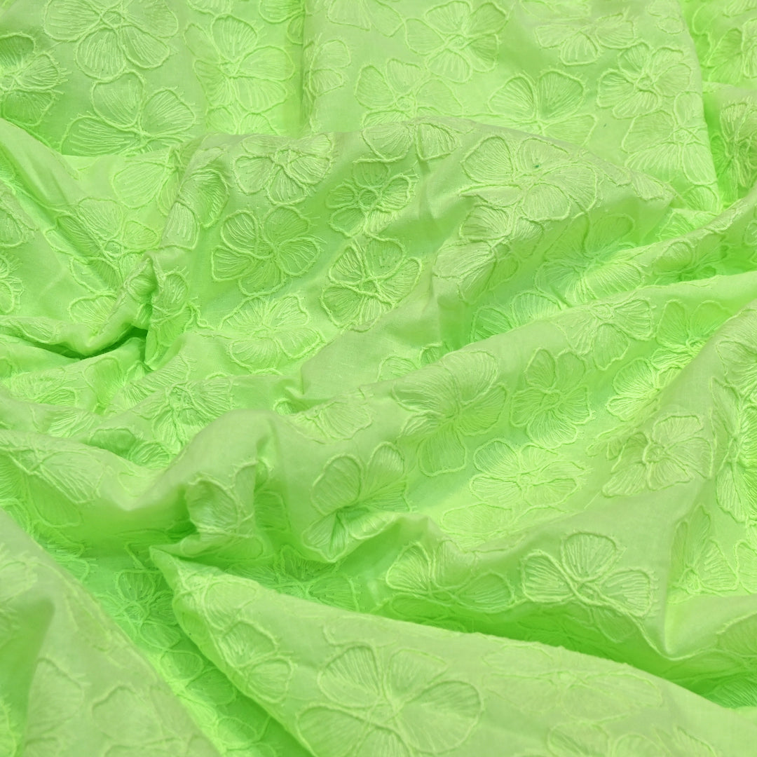 Pistachio Green Color Cotton Floral Thread Embroidery Fabric – Soft Designer Embroidered Cotton Fabric 0AT112-7