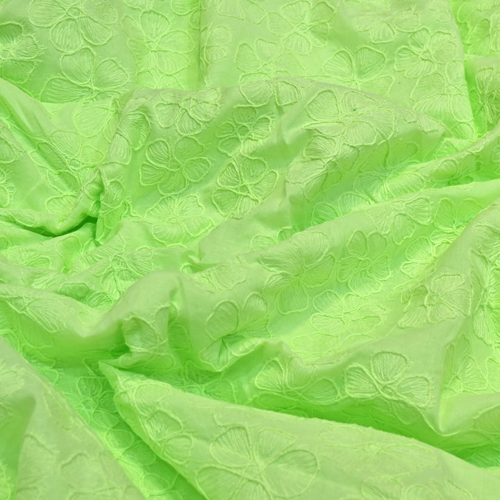 Pistachio Green Color Cotton Floral Thread Embroidery Fabric – Soft Designer Embroidered Cotton Fabric 0AT112-7
