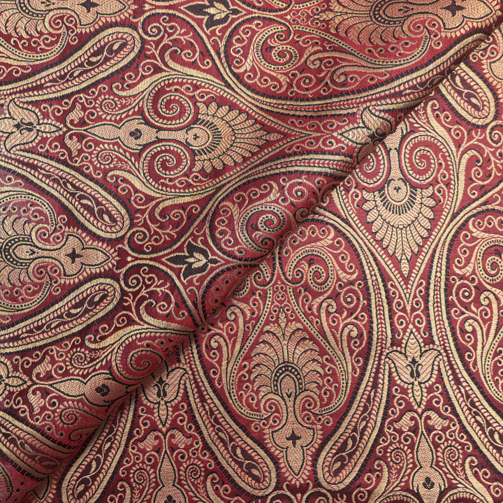 Maroon Gold & Black Paisley Brocade Fabric | 100-23-122
