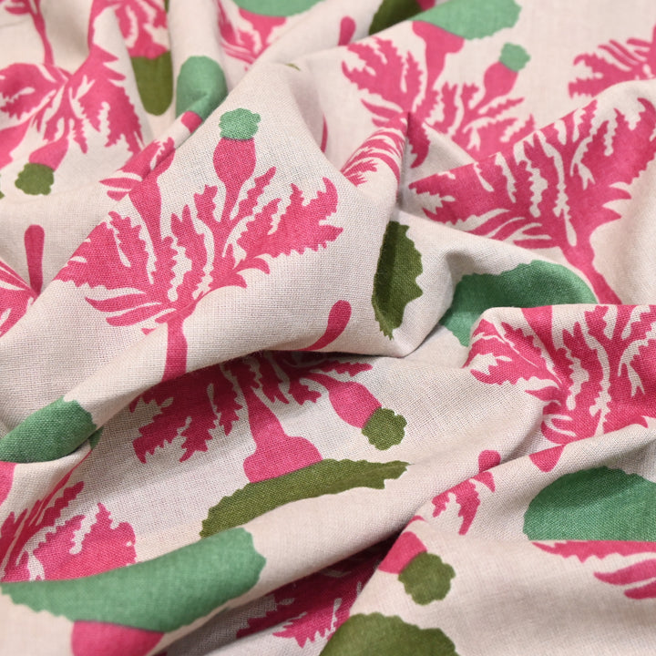 White Cotton Linen In Pink Floral Print