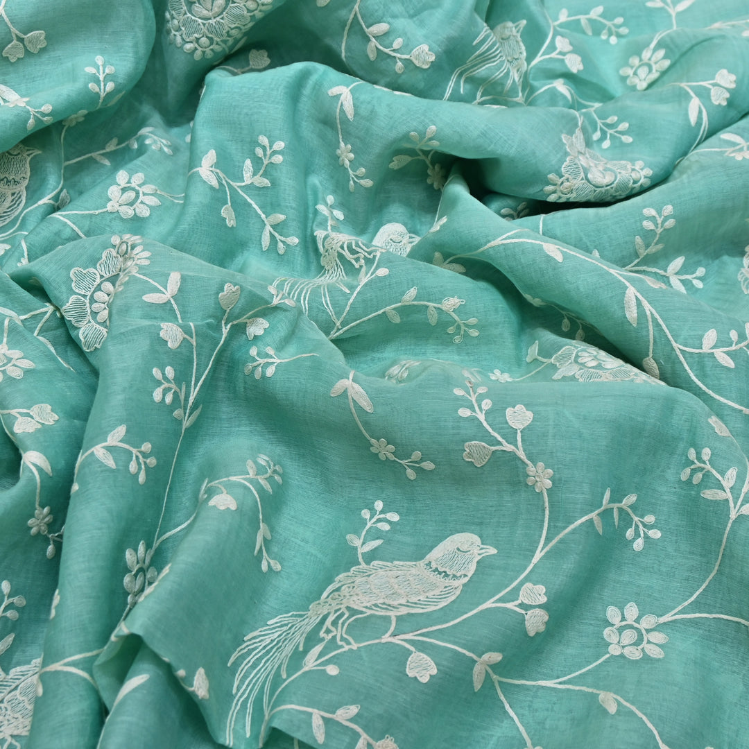 AQUA SAGE BLUE COLOR MUL CHANDERI THREAD EMBROIDERY FABRIC GP4120-4