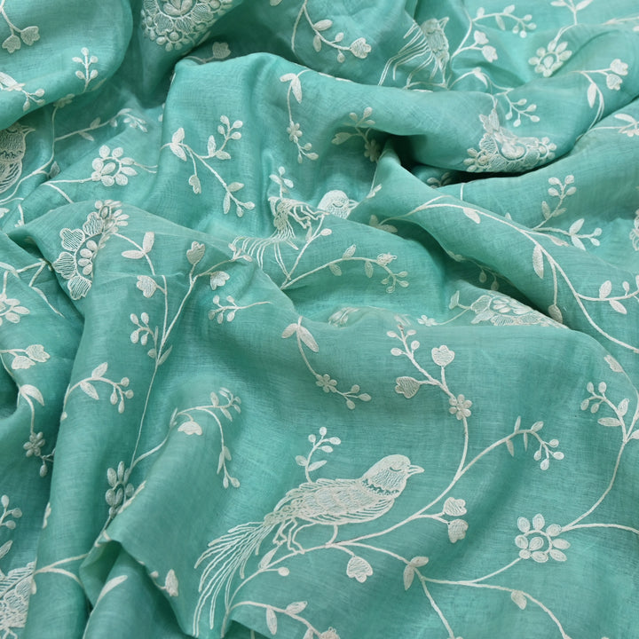 AQUA SAGE BLUE COLOR MUL CHANDERI THREAD EMBROIDERY FABRIC GP4120-4