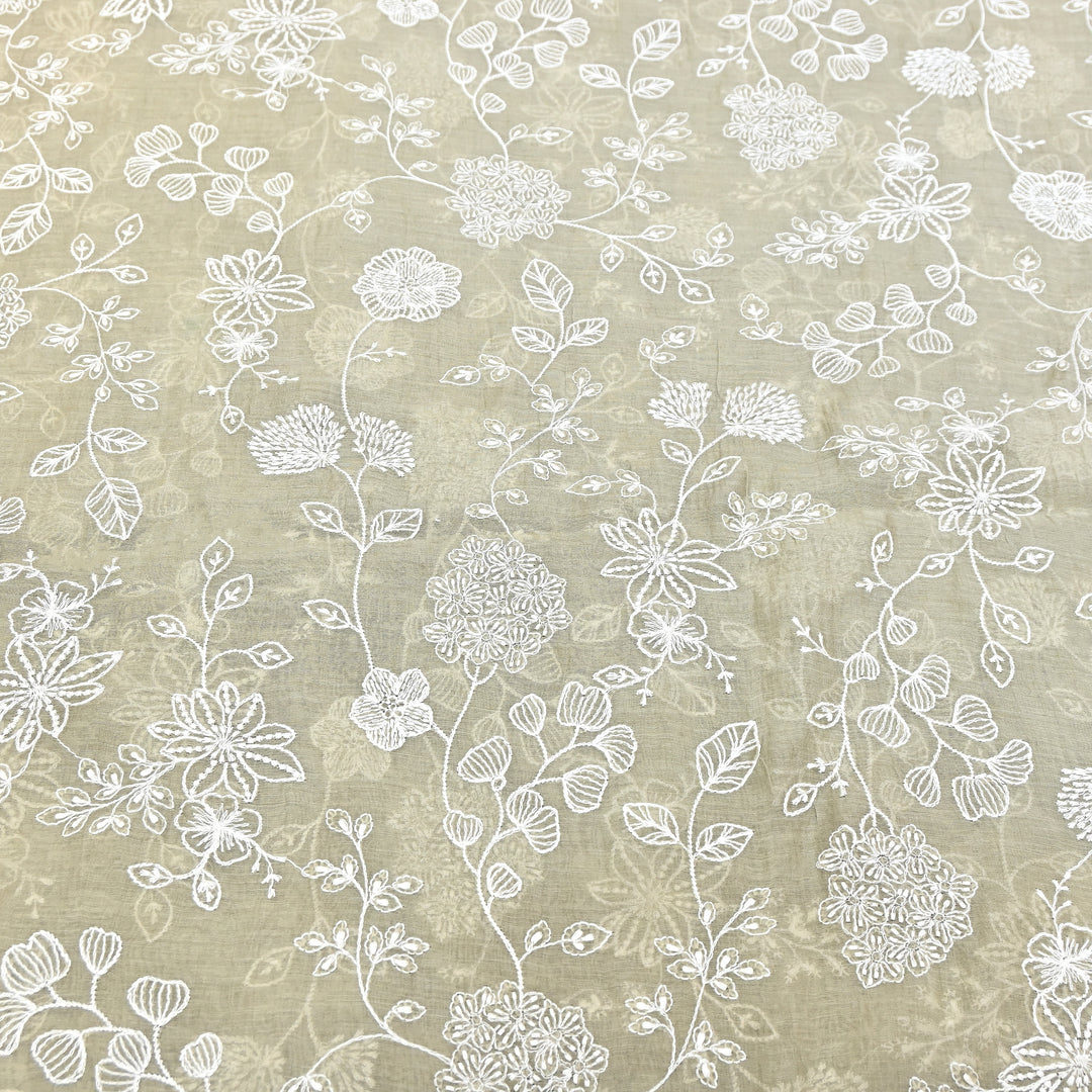Soft Sage Beige Color Mul Chanderi Thread Embroidery Fabric – Soft Lightweight Designer Fabric- F73560-3