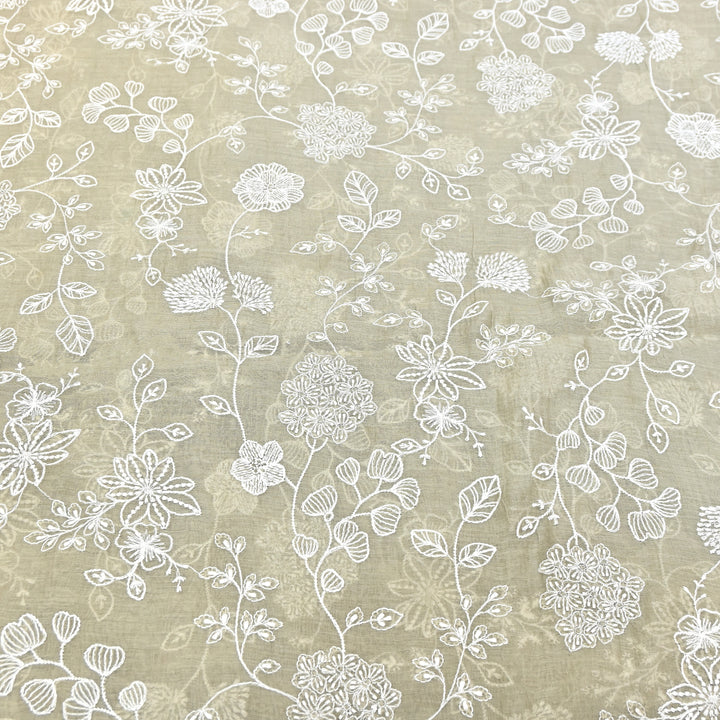 Soft Sage Beige Color Mul Chanderi Thread Embroidery Fabric – Soft Lightweight Designer Fabric- F73560-3