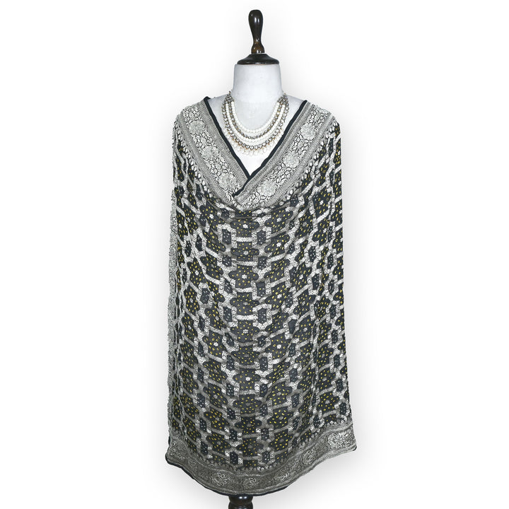 Black Gharchola Bandhani Dupatta in Pure Georgette – Traditional Zari Woven Festive Dupatta
