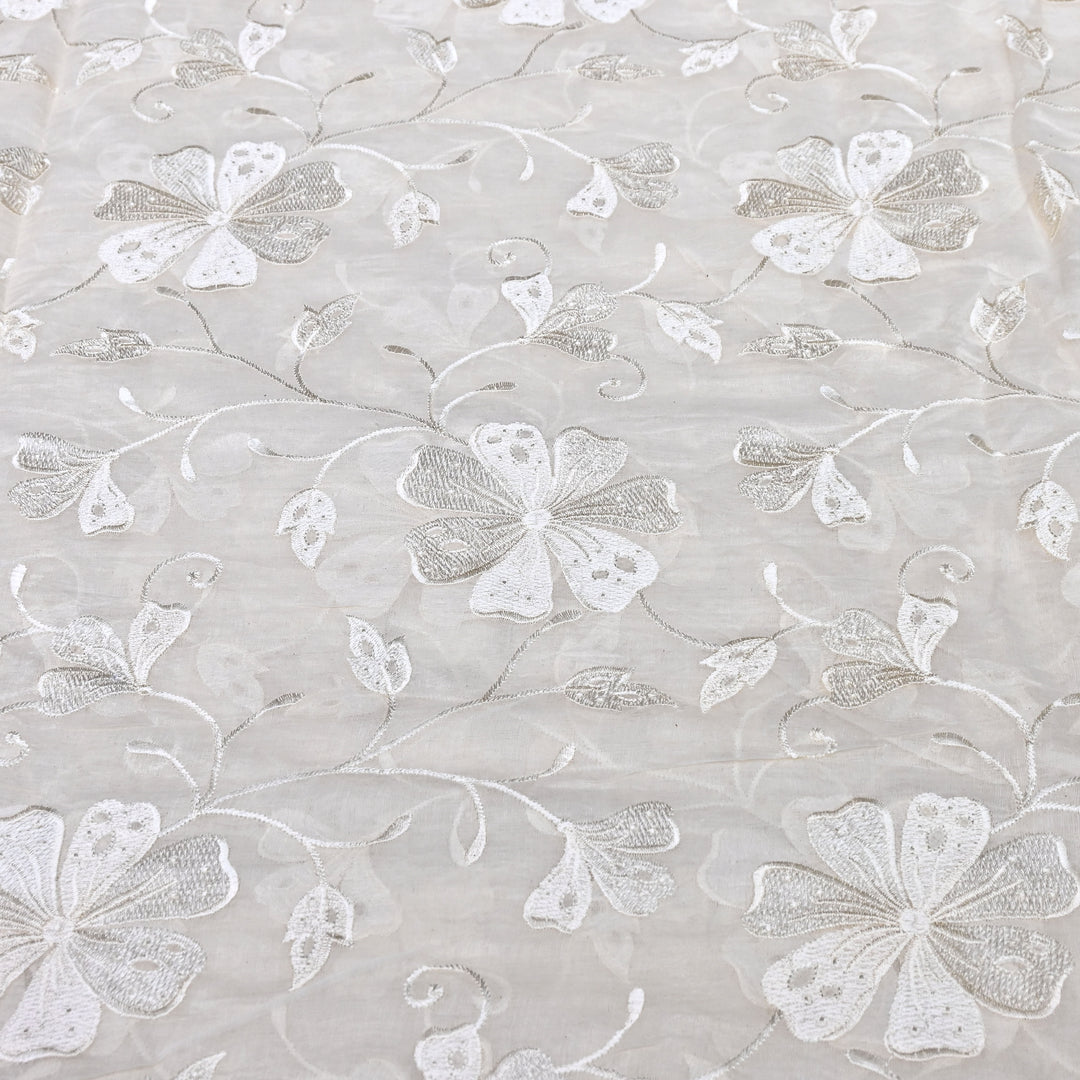 Premium Dyeable Mul Chanderi Floral Thread Embroidery Fabric - 0NDA46