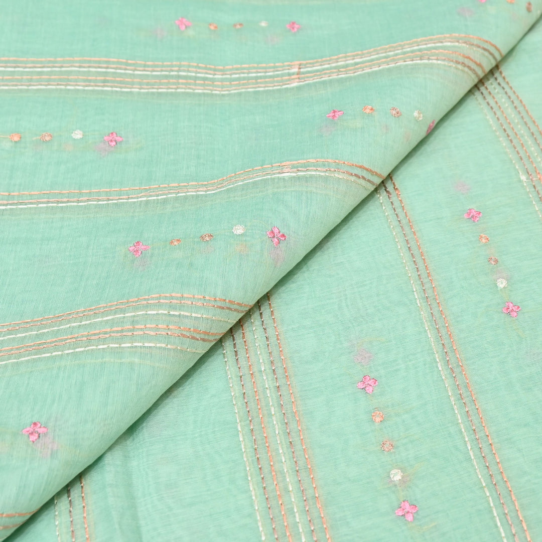 Magic Mint Green Color Mul Chanderi Thread Embroidery Fabric