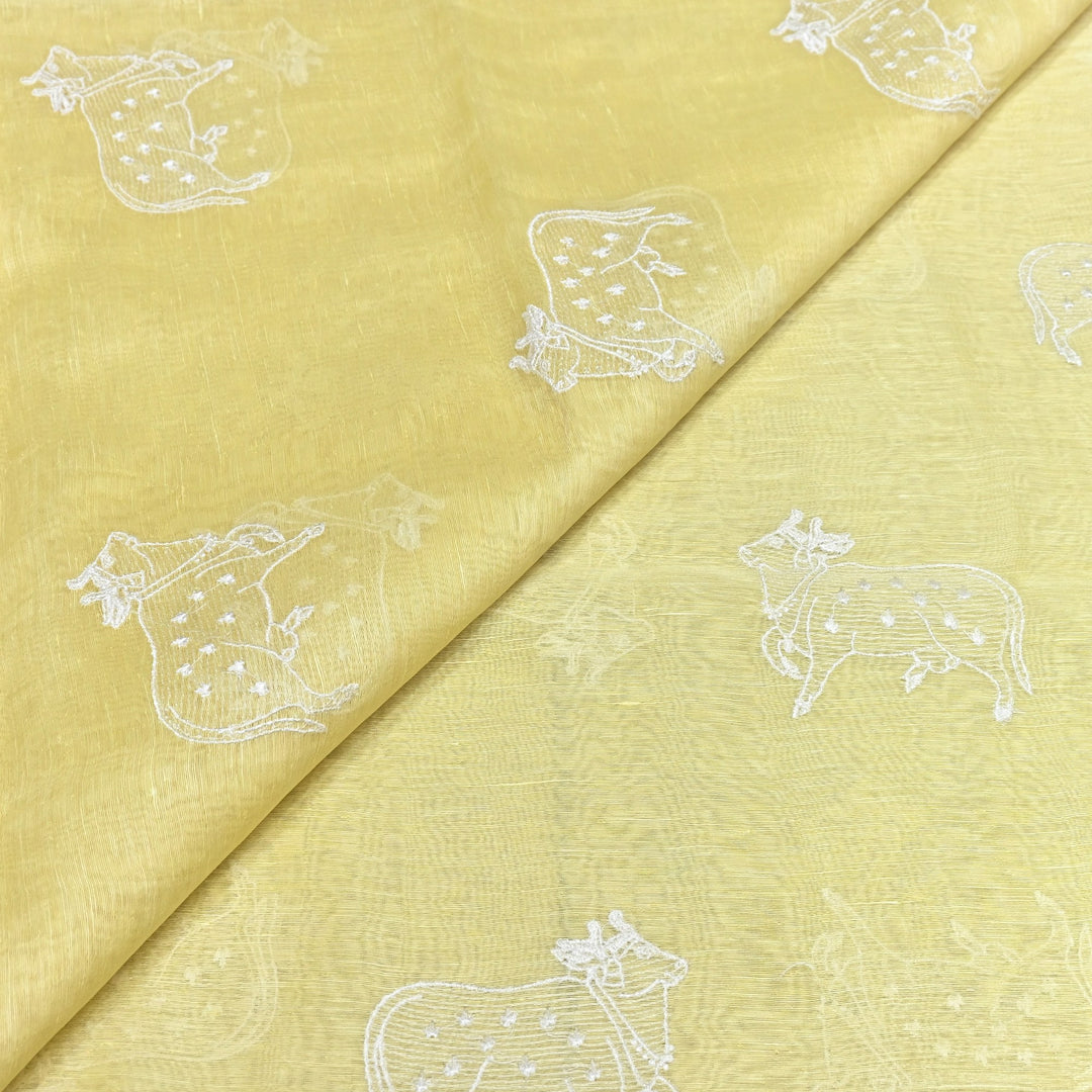 Lemon Yellow Color Linen Thread Embroidery Fabrics – Soft Designer Linen Embroidered Fabric-031168-3