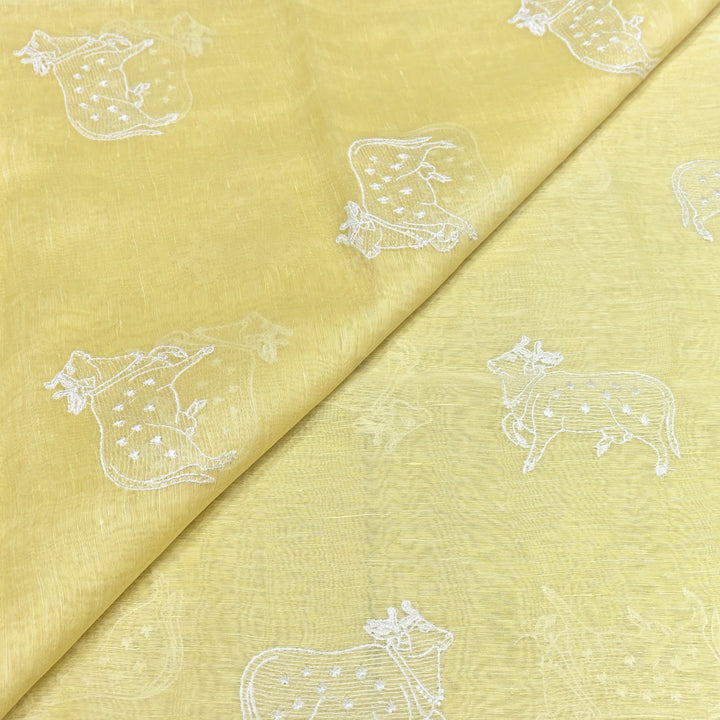 Lemon Yellow Color Linen Thread Embroidery Fabrics – Soft Designer Linen Embroidered Fabric-031168-3