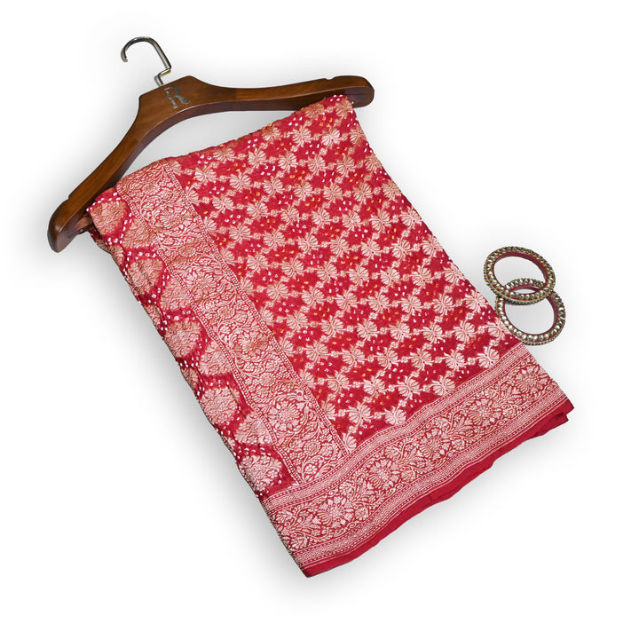 Red Gharchola Bandhani Dupatta in Pure Georgette – Traditional Zari Woven Festive Dupatta