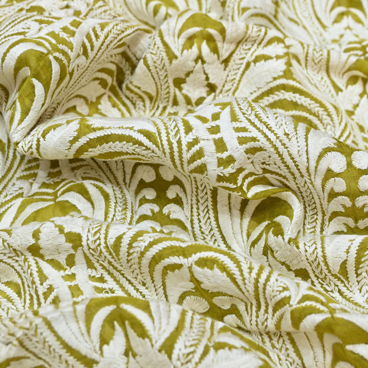 Macha Green Chanderi Fabric with allover Thread Embroidery