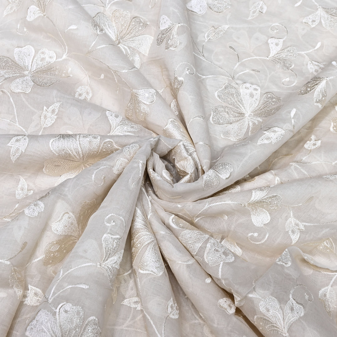 Premium Dyeable Mul Chanderi Floral Thread Embroidery Fabric - 0NDA46
