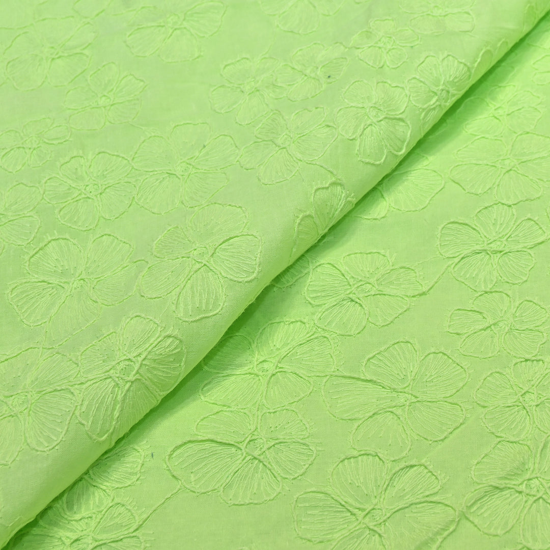 Pistachio Green Color Cotton Floral Thread Embroidery Fabric – Soft Designer Embroidered Cotton Fabric 0AT112-7