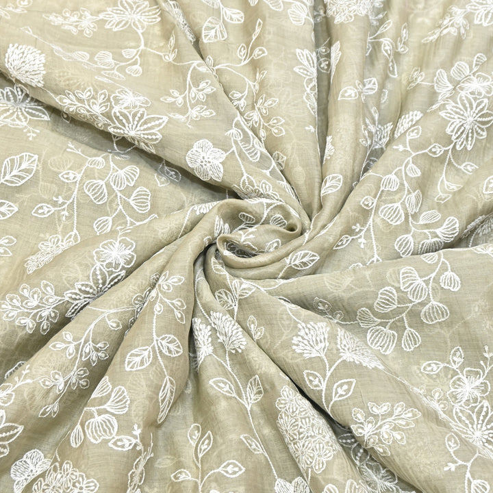 Soft Sage Beige Color Mul Chanderi Thread Embroidery Fabric – Soft Lightweight Designer Fabric- F73560-3