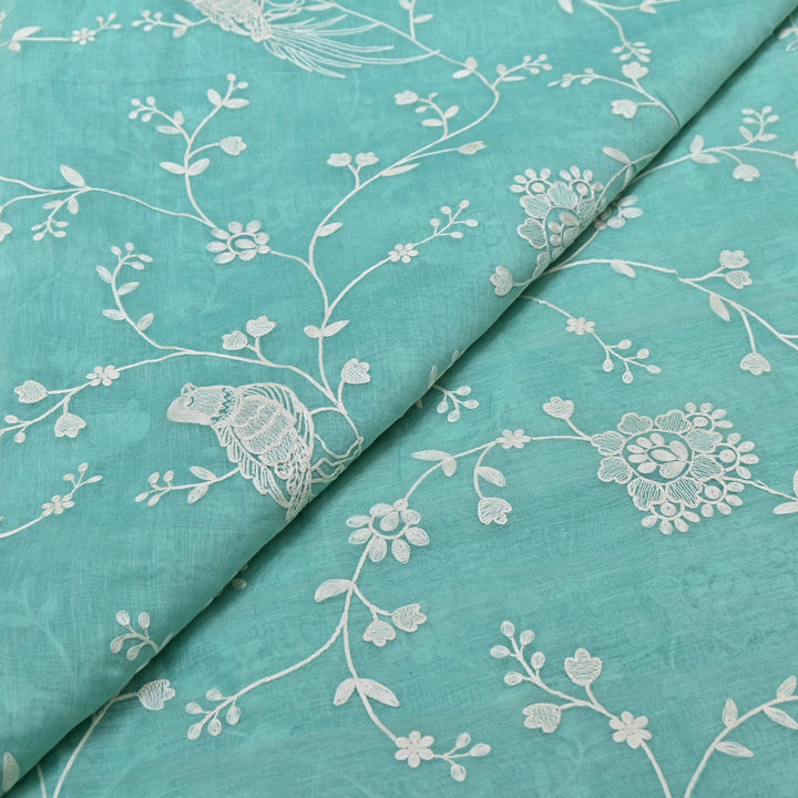 AQUA SAGE BLUE COLOR MUL CHANDERI THREAD EMBROIDERY FABRIC GP4120-4