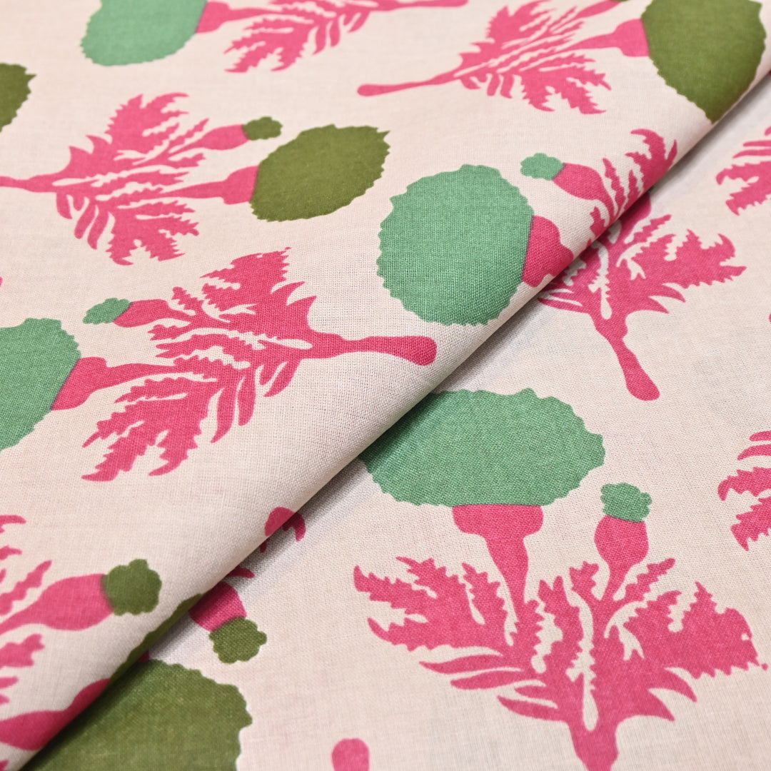 White Cotton Linen In Pink Floral Print