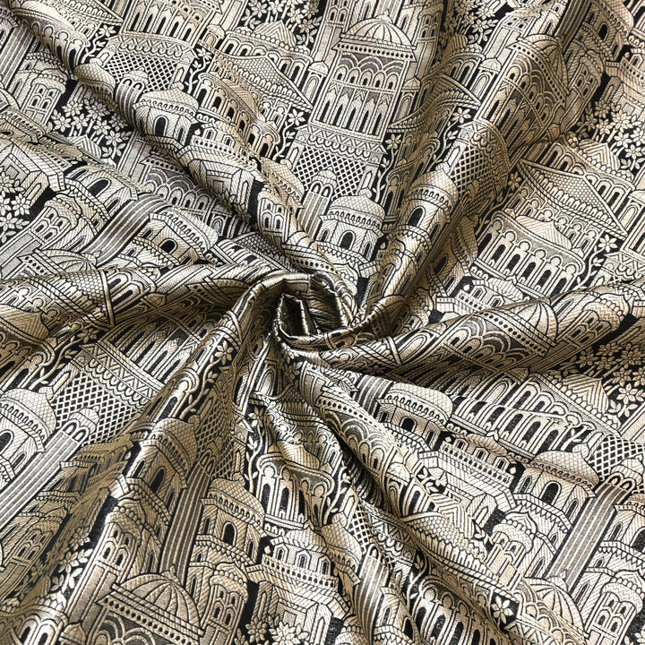 Black Color Pure Silk Alfi Zari Brocade Fabric 44" – Luxury Traditional Designer Fabric ZTF001-1