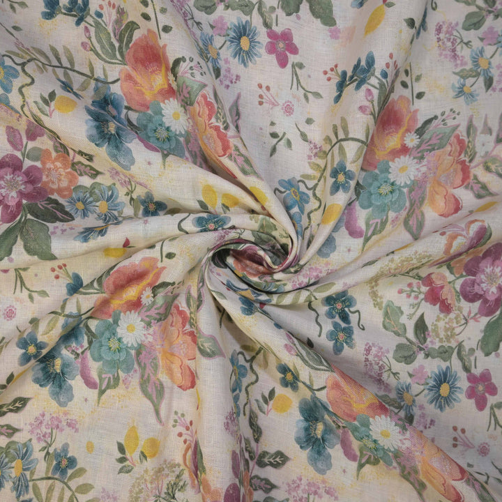 Spring Floral Art Printed Pure Linen Fabric