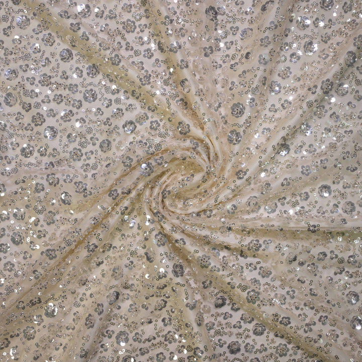 Designer champagne beige Net Embroidery Fabric with silver Sequins Embroidery.