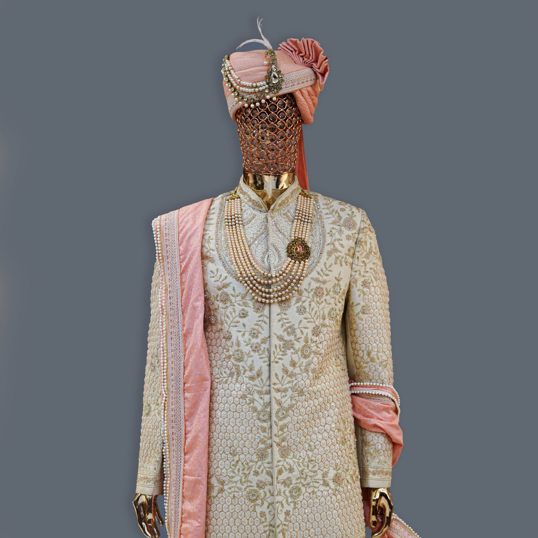 Off-White Raw Silk Sherwani Set with Zari, Pearl & Cutdana Handwork Embroidery