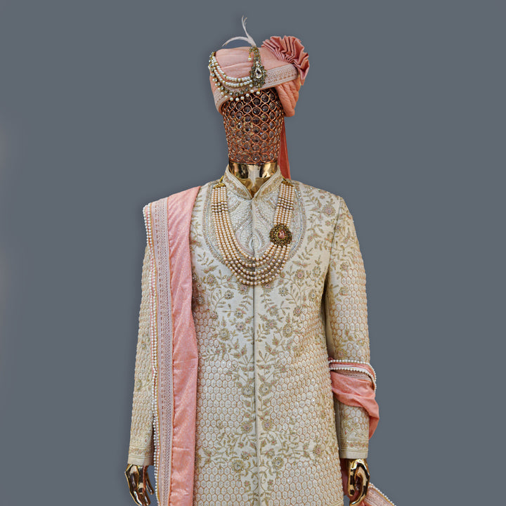 Off-White Raw Silk Sherwani Set with Zari, Pearl & Cutdana Handwork Embroidery