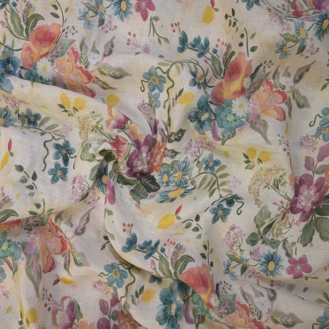 Spring Floral Art Printed Pure Linen Fabric