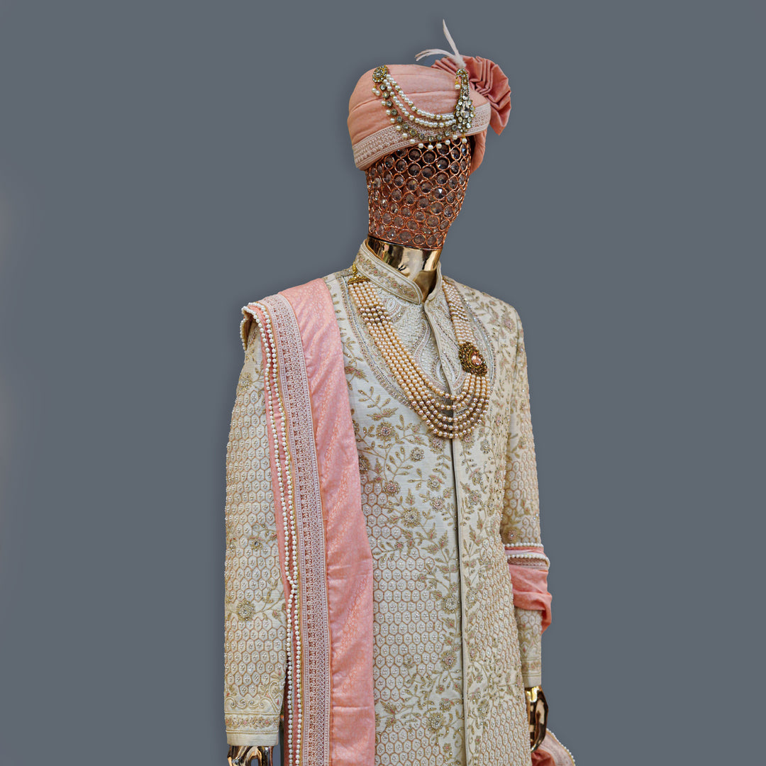 Off-White Raw Silk Sherwani Set with Zari, Pearl & Cutdana Handwork Embroidery
