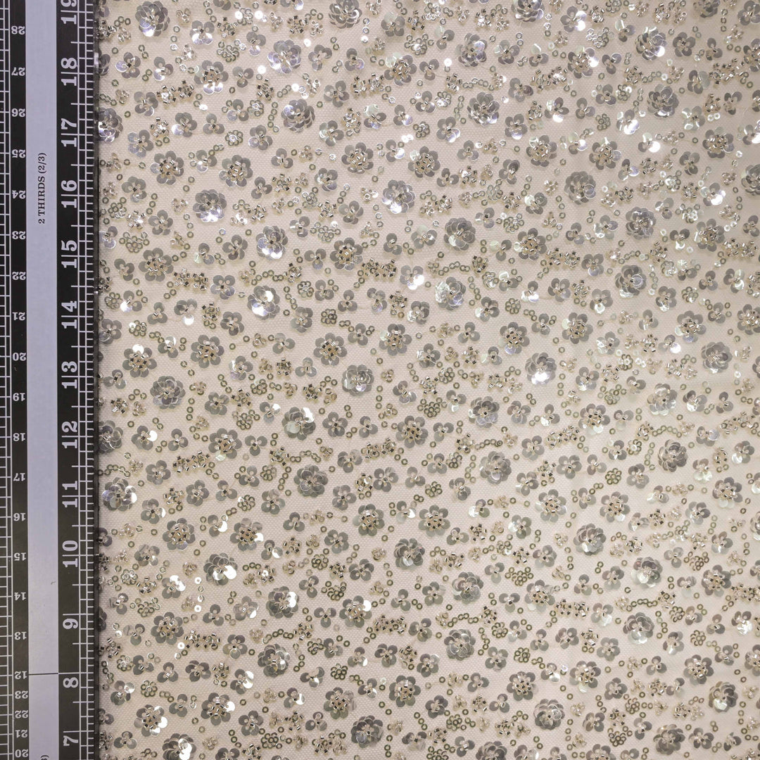 Designer champagne beige Net Embroidery Fabric with silver Sequins Embroidery.