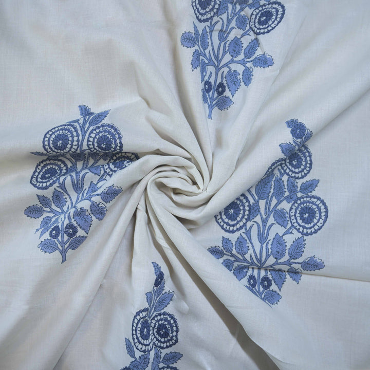 White Cotton Fabric with Blue Gulnaar Print