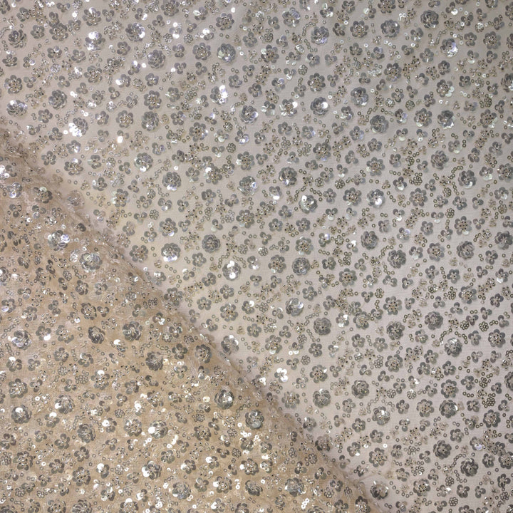 Designer champagne beige Net Embroidery Fabric with silver Sequins Embroidery.