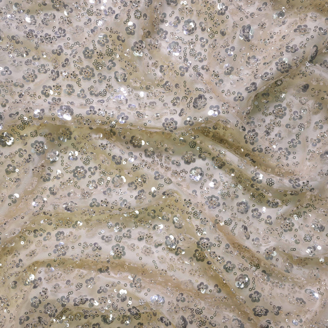 Designer champagne beige Net Embroidery Fabric with silver Sequins Embroidery.
