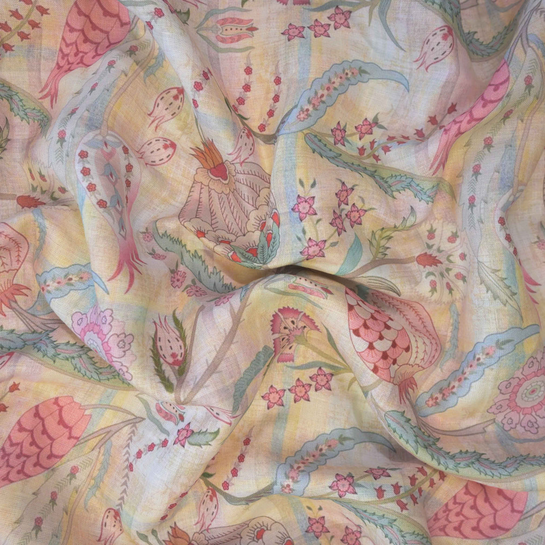 Pastel Pichwai Traditional Printed Pure Linen Fabric