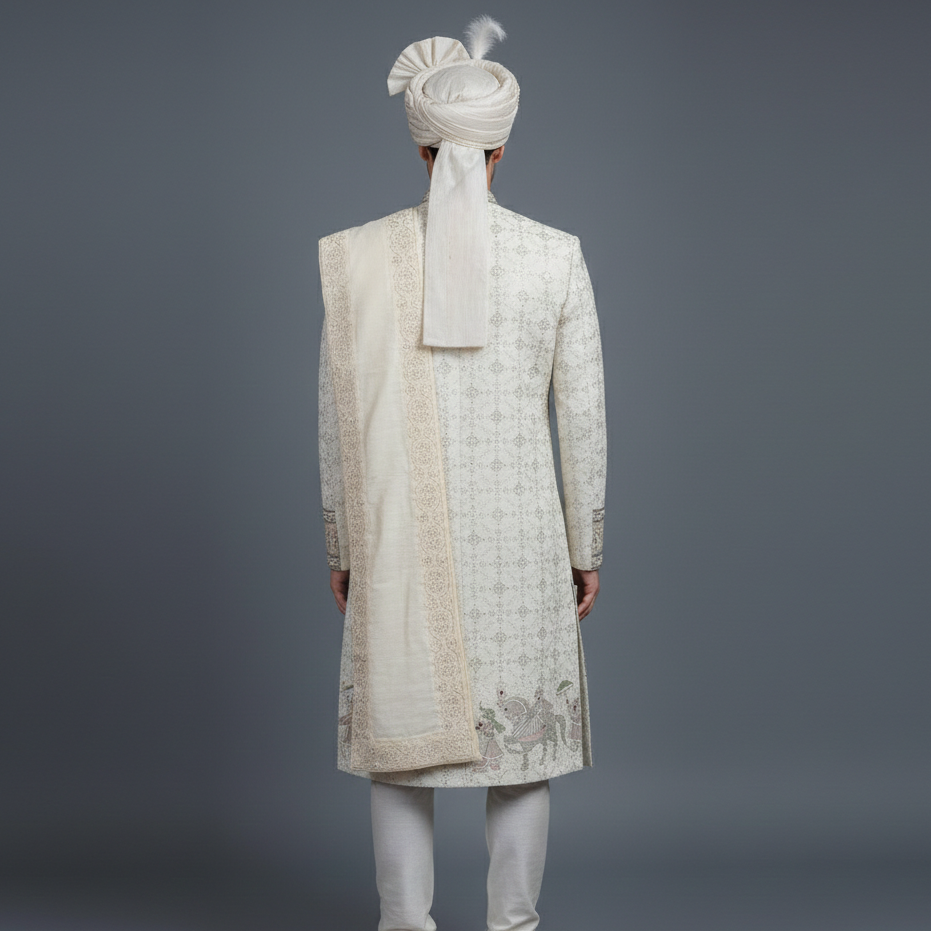 Royal Ivory Wedding Sherwani in allover Sequins & Threadwork Embroidery | Luxury Wedding & Groom Wear