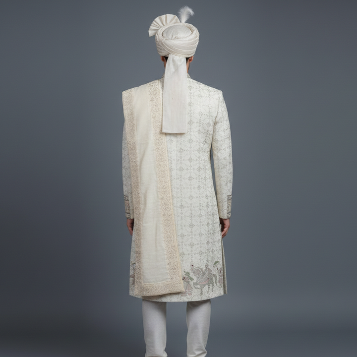 Royal Ivory Wedding Sherwani in allover Sequins & Threadwork Embroidery | Luxury Wedding & Groom Wear