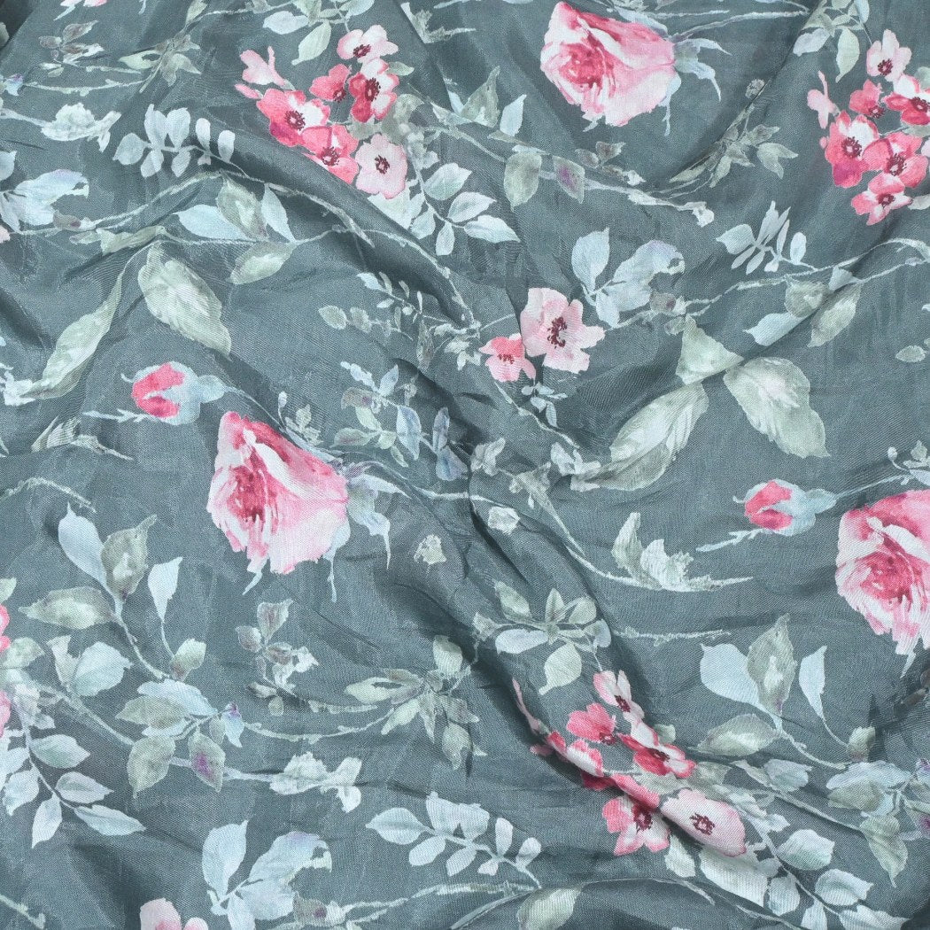 Steel Grey Color Muslin Digital Print Fabrics