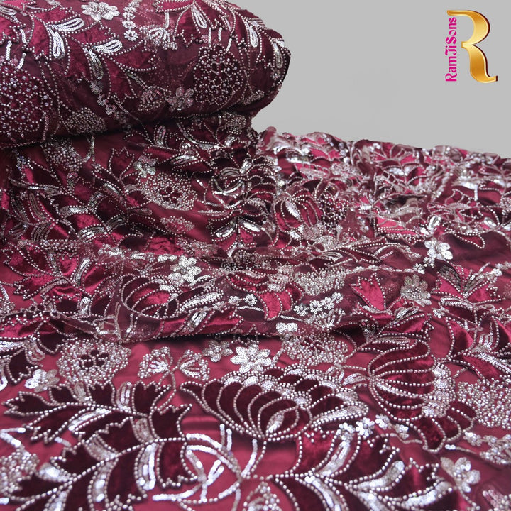 Imported Net Cutdana Sequins With Velvet Patchwork Embroidery Fabrics-24T75M