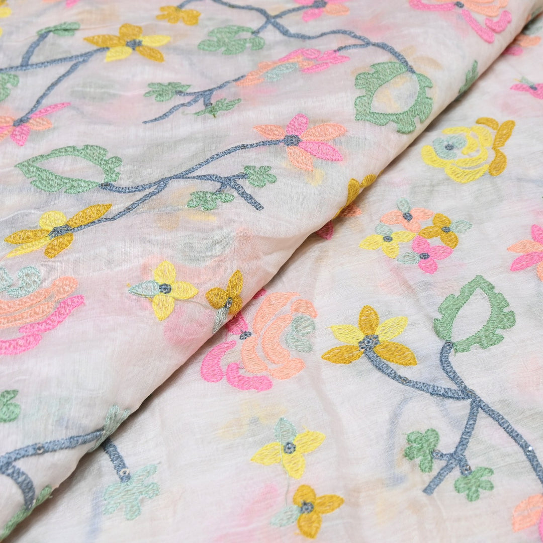 Mul Chanderi Thread & Sequins Embroidery Fabric – Soft Lightweight Designer Fabric-V1893A-1