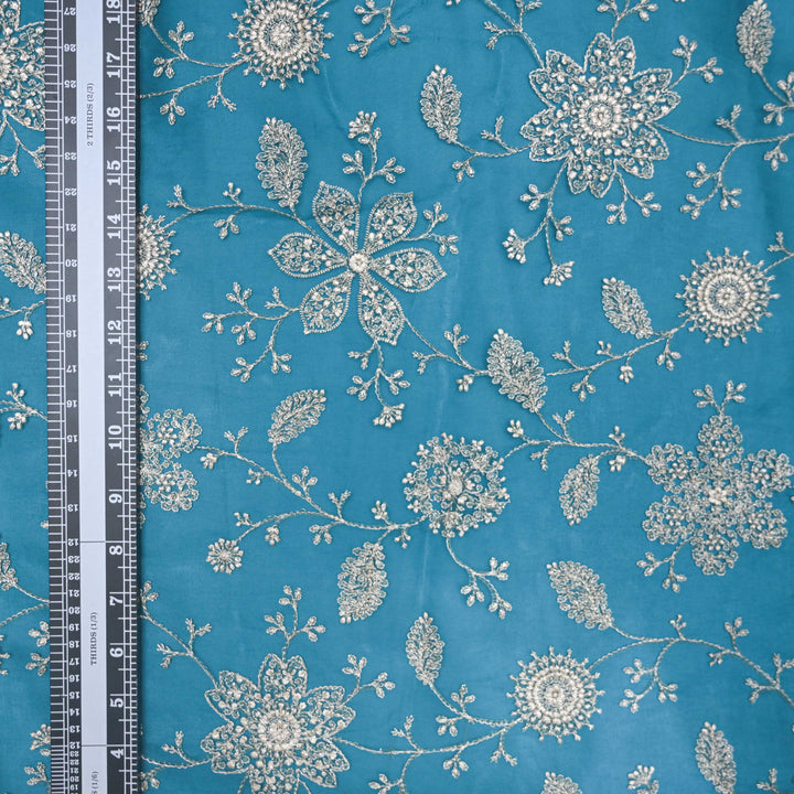 Sky Blue Organza Fabric with Threadwork Embroidery