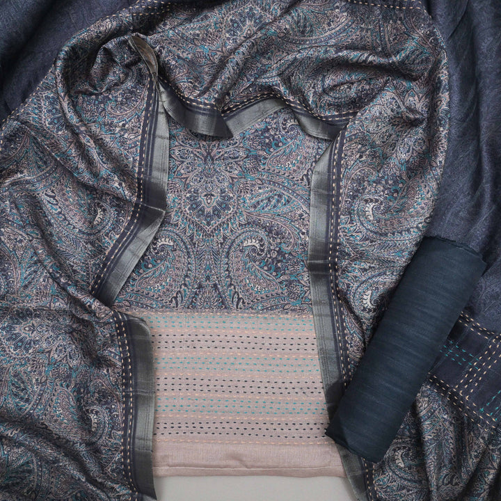 Grey Tussar Silk Unstitched Suit Set